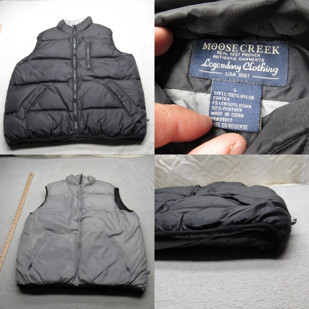 Moose Creek Down Vest Men Large Black Gray Thick Reversible Full Zip Puffer